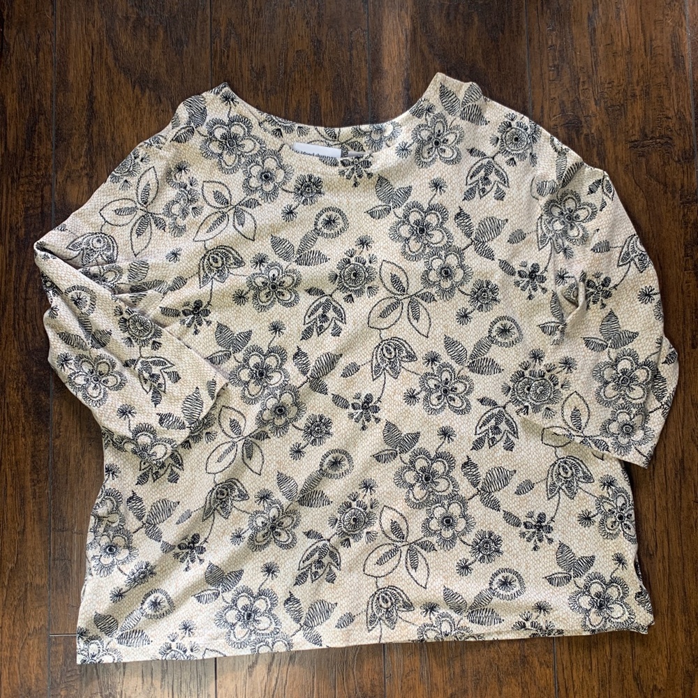 Alfred Dunner Floral 3/4 Cotton Blouse Top - XL, neutral beaded gray black cream - Picture 2 of 11
